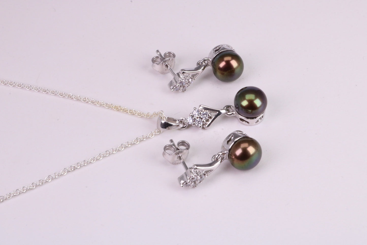 Natural Aubergine Coloured Pearl and Cubic Zirconia set Necklace and Matching Earrings, set in Solid Silver