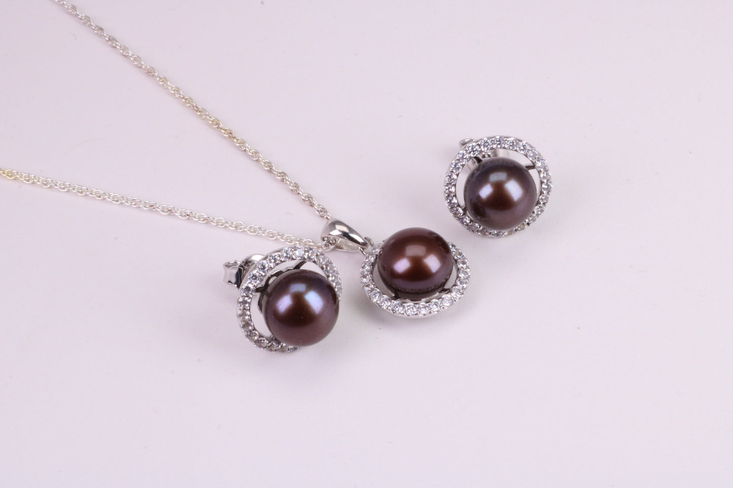 Natural Black Coloured Pearl and Cubic Zirconia set Necklace and Matching Earrings, set in Solid Silver