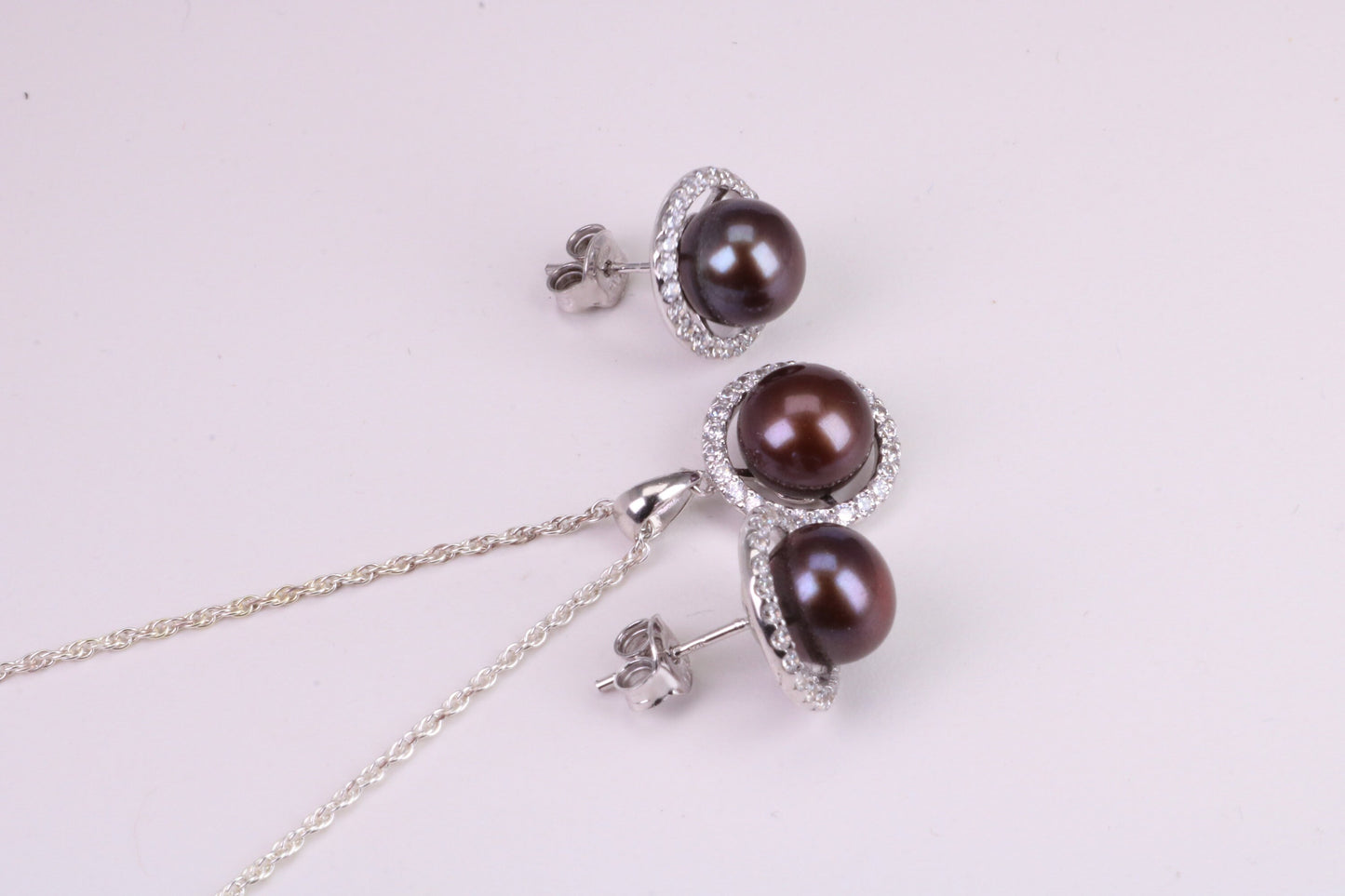 Natural Black Coloured Pearl and Cubic Zirconia set Necklace and Matching Earrings, set in Solid Silver