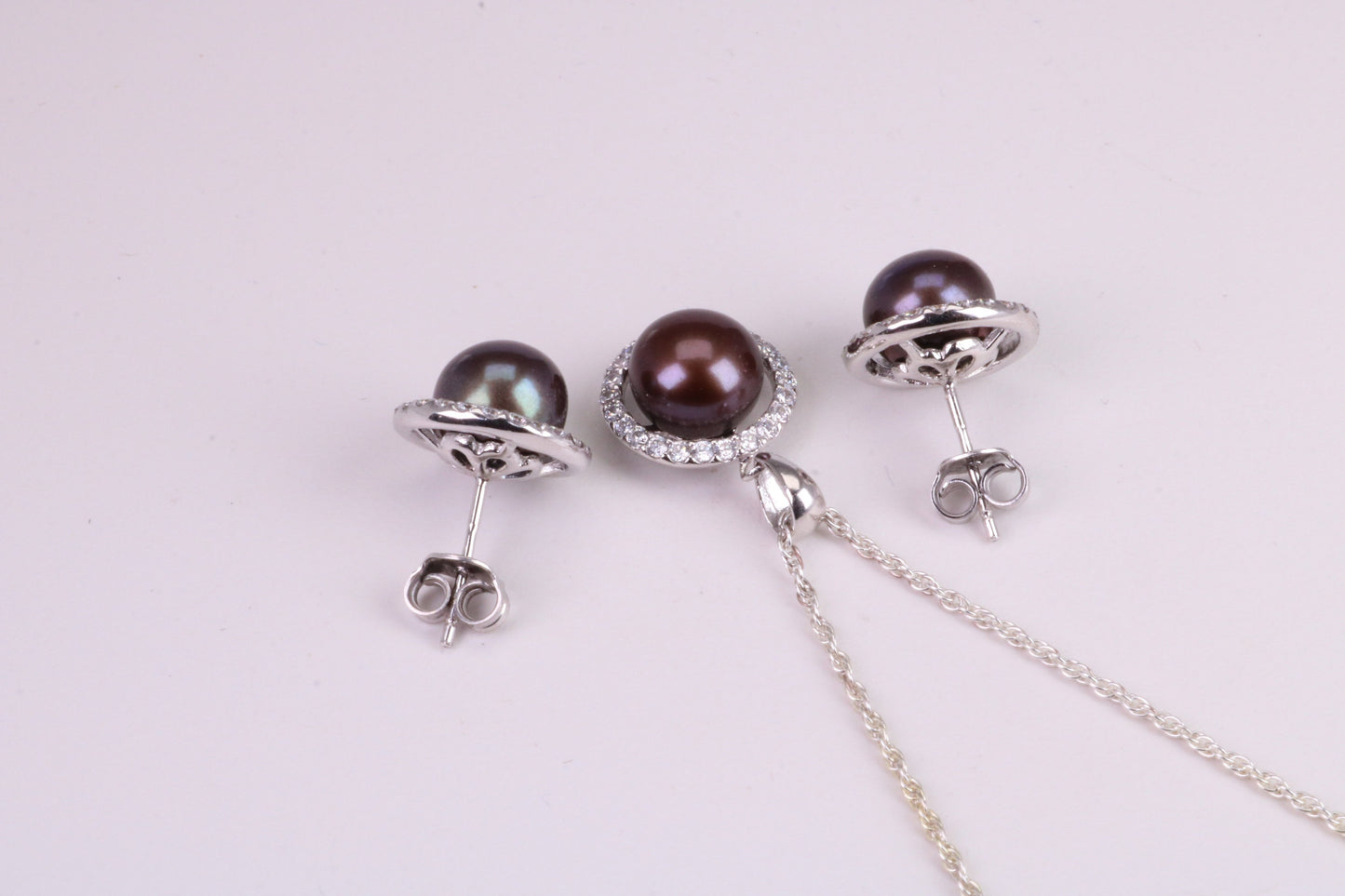 Natural Black Coloured Pearl and Cubic Zirconia set Necklace and Matching Earrings, set in Solid Silver