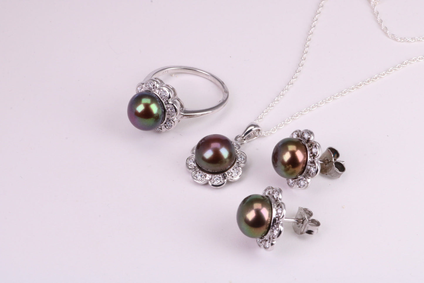 Natural Black Pearl and Cubic Zirconia set Necklace, Ring and Matching Earrings, set in Solid Silver