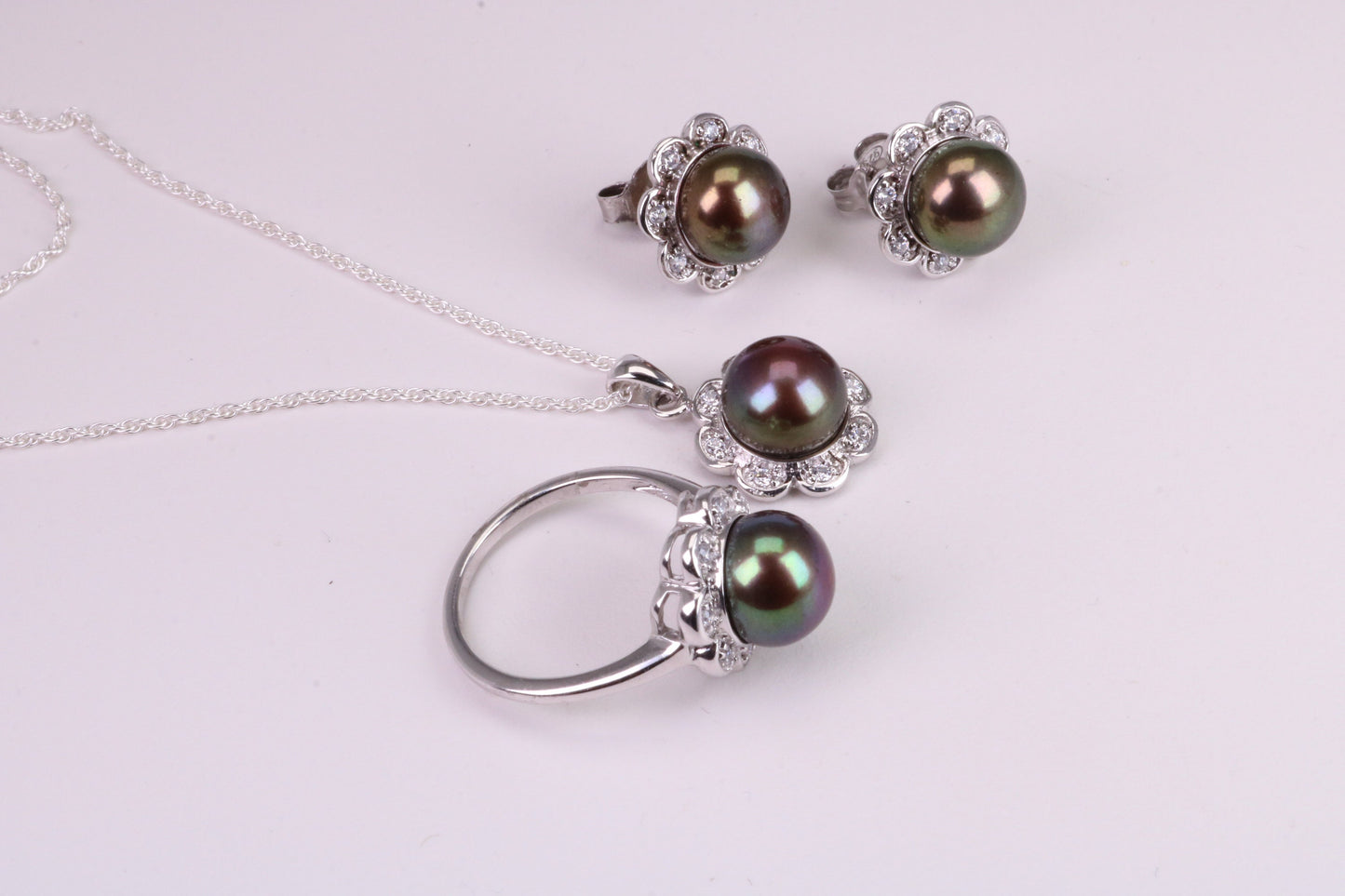 Natural Black Pearl and Cubic Zirconia set Necklace, Ring and Matching Earrings, set in Solid Silver