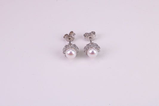Dainty 8 mm Round Natural Pearl and Cubic Zirconia set Stud Earrings, set in Solid Silver