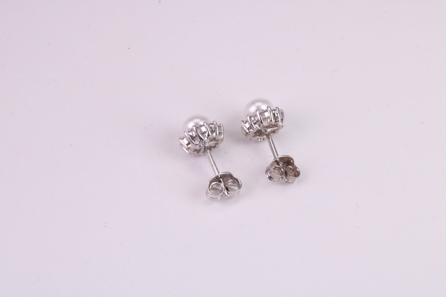 Dainty 8 mm Round Natural Pearl and Cubic Zirconia set Stud Earrings, set in Solid Silver