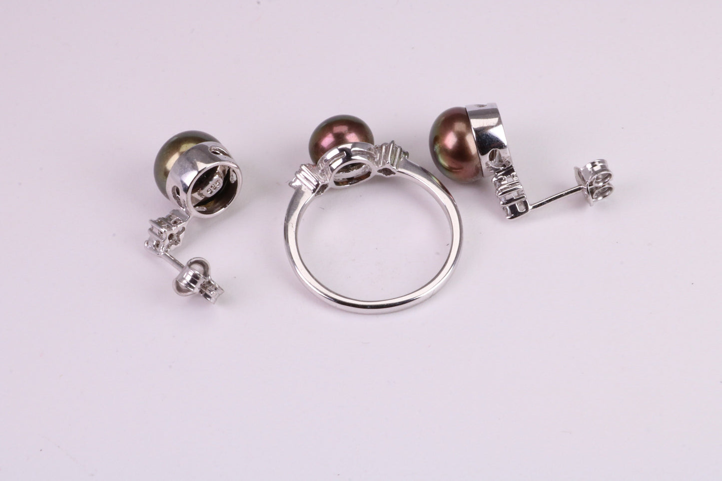 Natural Black Pearl and Cubic Zirconia set Ring and Matching Earrings, set in Solid Silver
