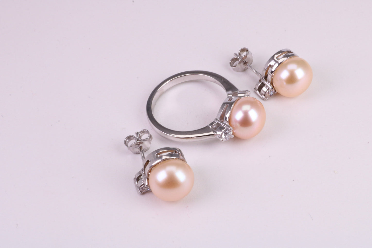 Natural Pearl and Cubic Zirconia set Ring and Matching Earrings, set in Solid Silver