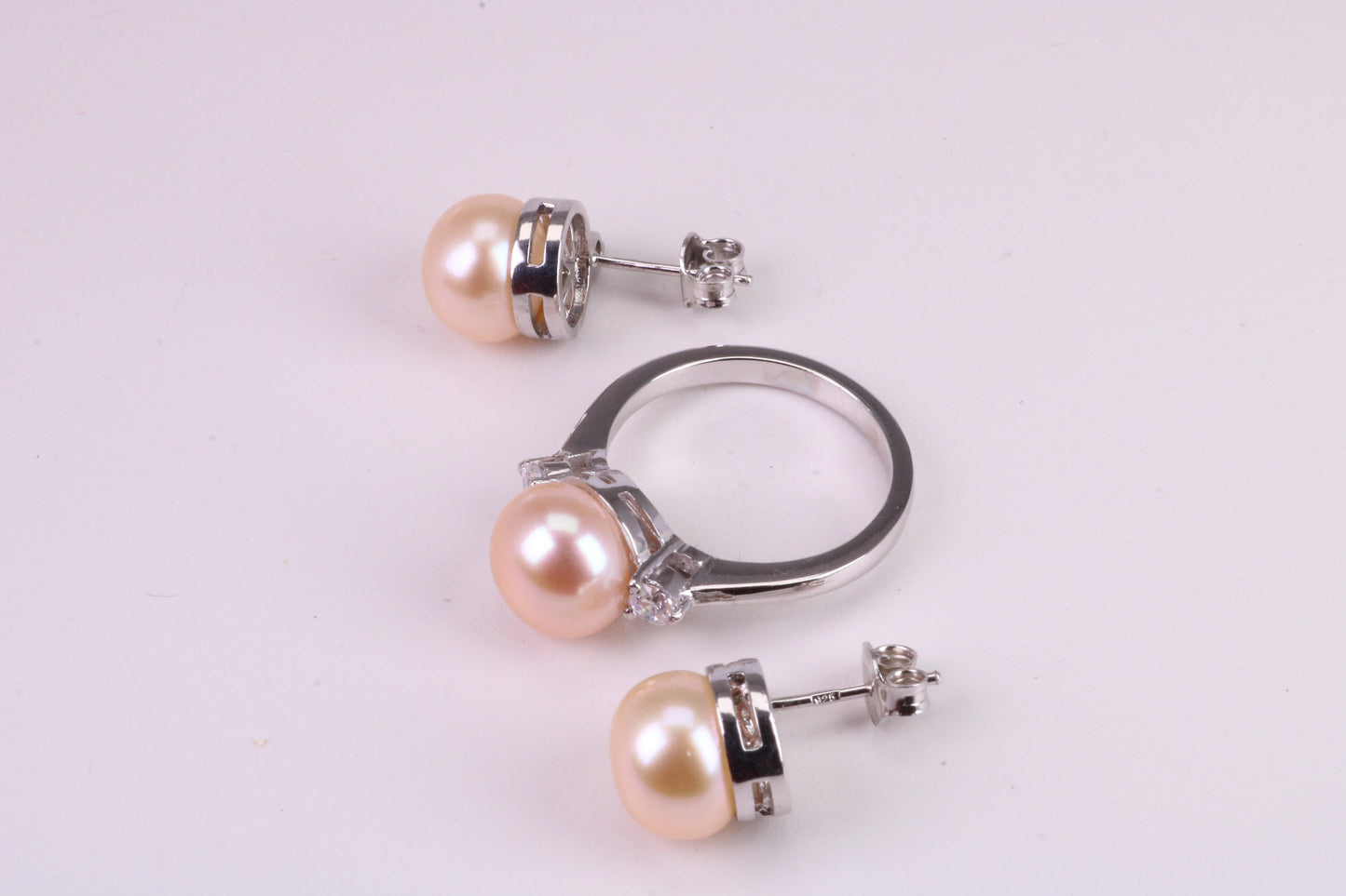Natural Pearl and Cubic Zirconia set Ring and Matching Earrings, set in Solid Silver