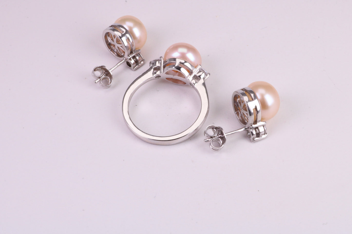 Natural Pearl and Cubic Zirconia set Ring and Matching Earrings, set in Solid Silver