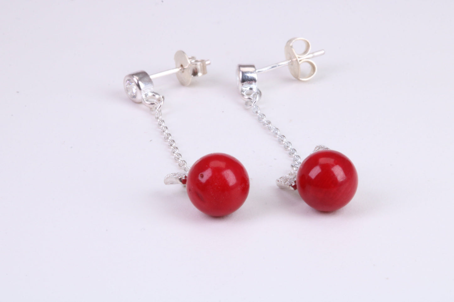 45 mm Long Natural Red Coral and Cubic Zirconia set Dropper Earrings, set in Solid Silver