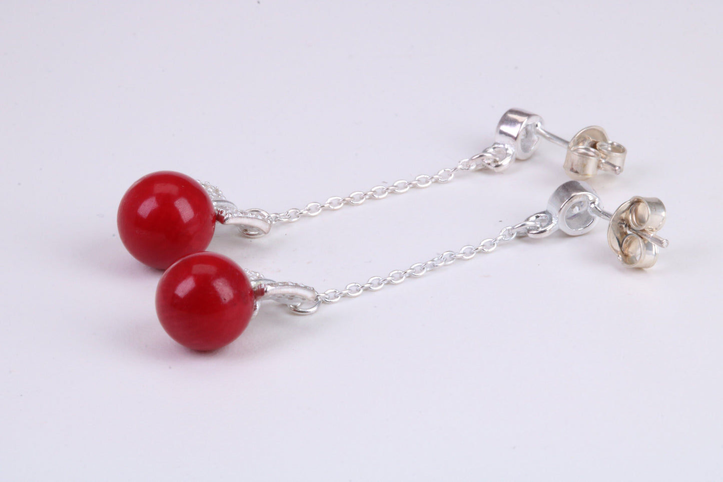 45 mm Long Natural Red Coral and Cubic Zirconia set Dropper Earrings, set in Solid Silver