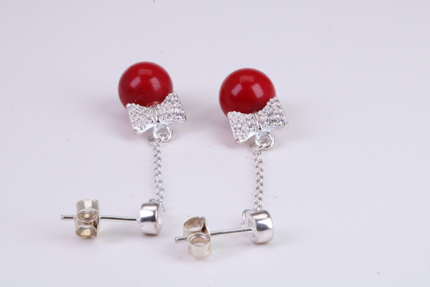 45 mm Long Natural Red Coral and Cubic Zirconia set Dropper Earrings, set in Solid Silver