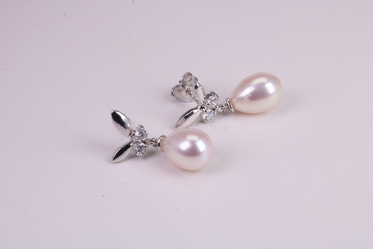 26 mm Long Natural Pearl and Cubic Zirconia set Dropper Earrings, set in Solid Silver