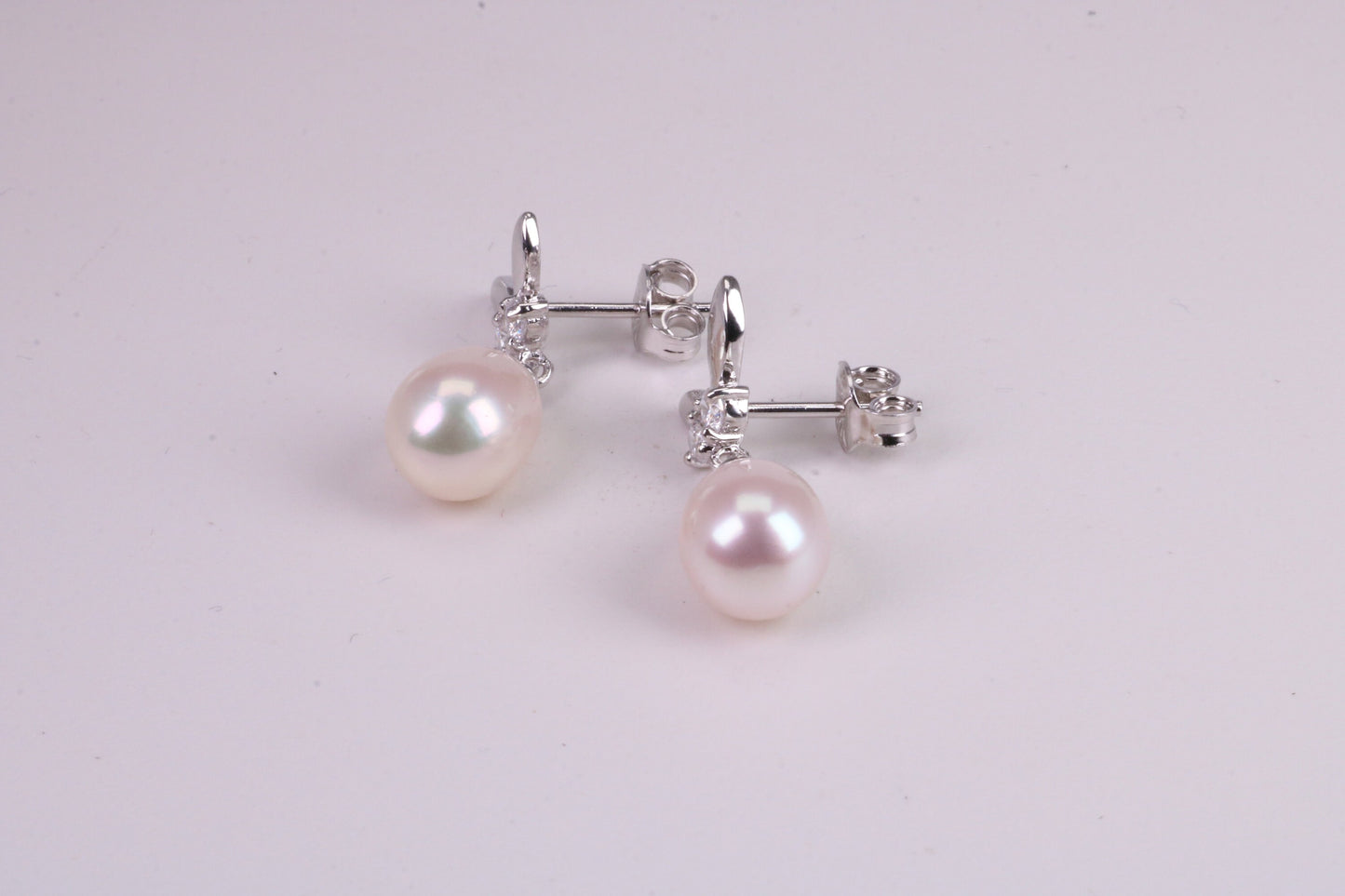 26 mm Long Natural Pearl and Cubic Zirconia set Dropper Earrings, set in Solid Silver