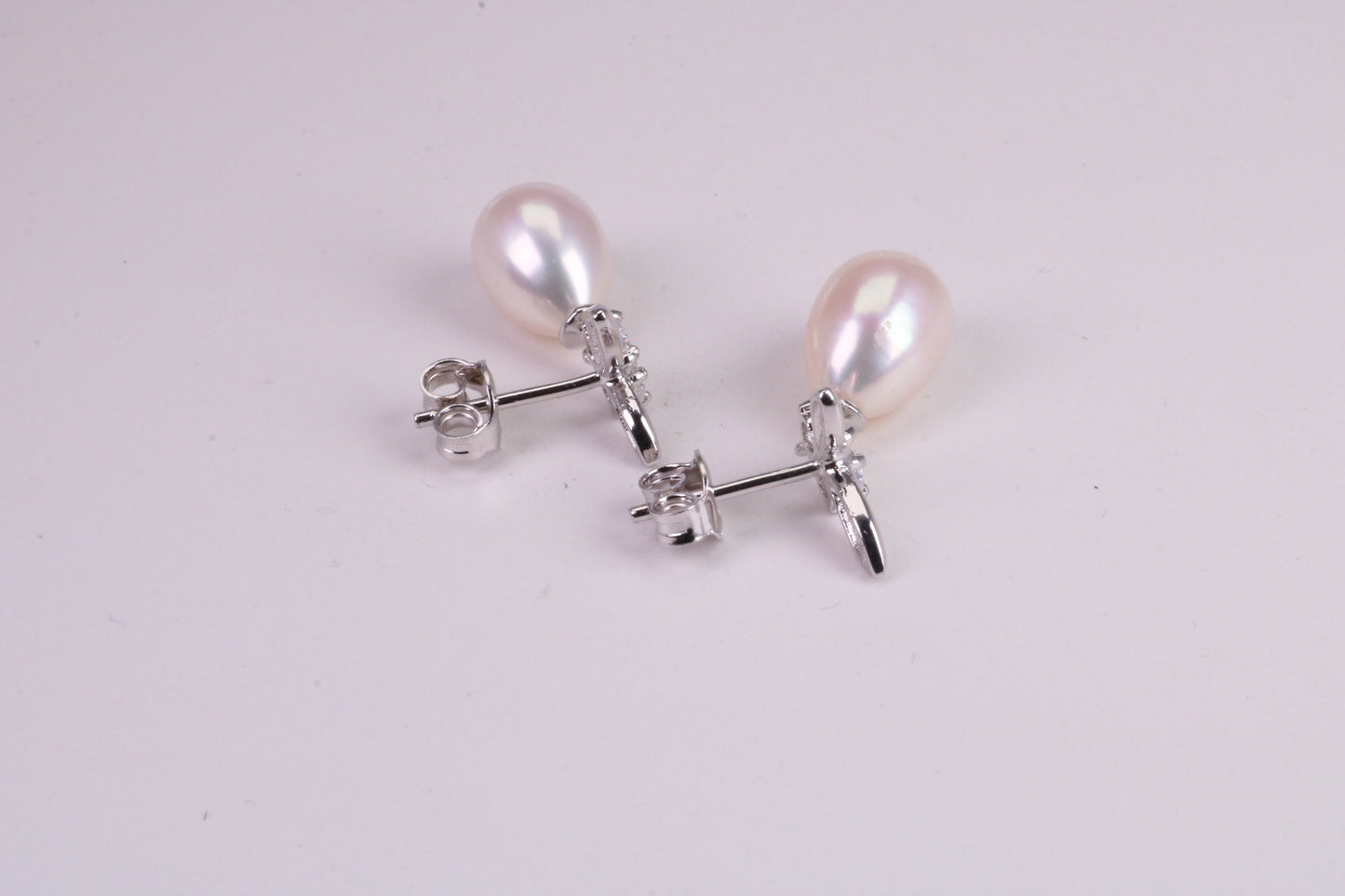 26 mm Long Natural Pearl and Cubic Zirconia set Dropper Earrings, set in Solid Silver