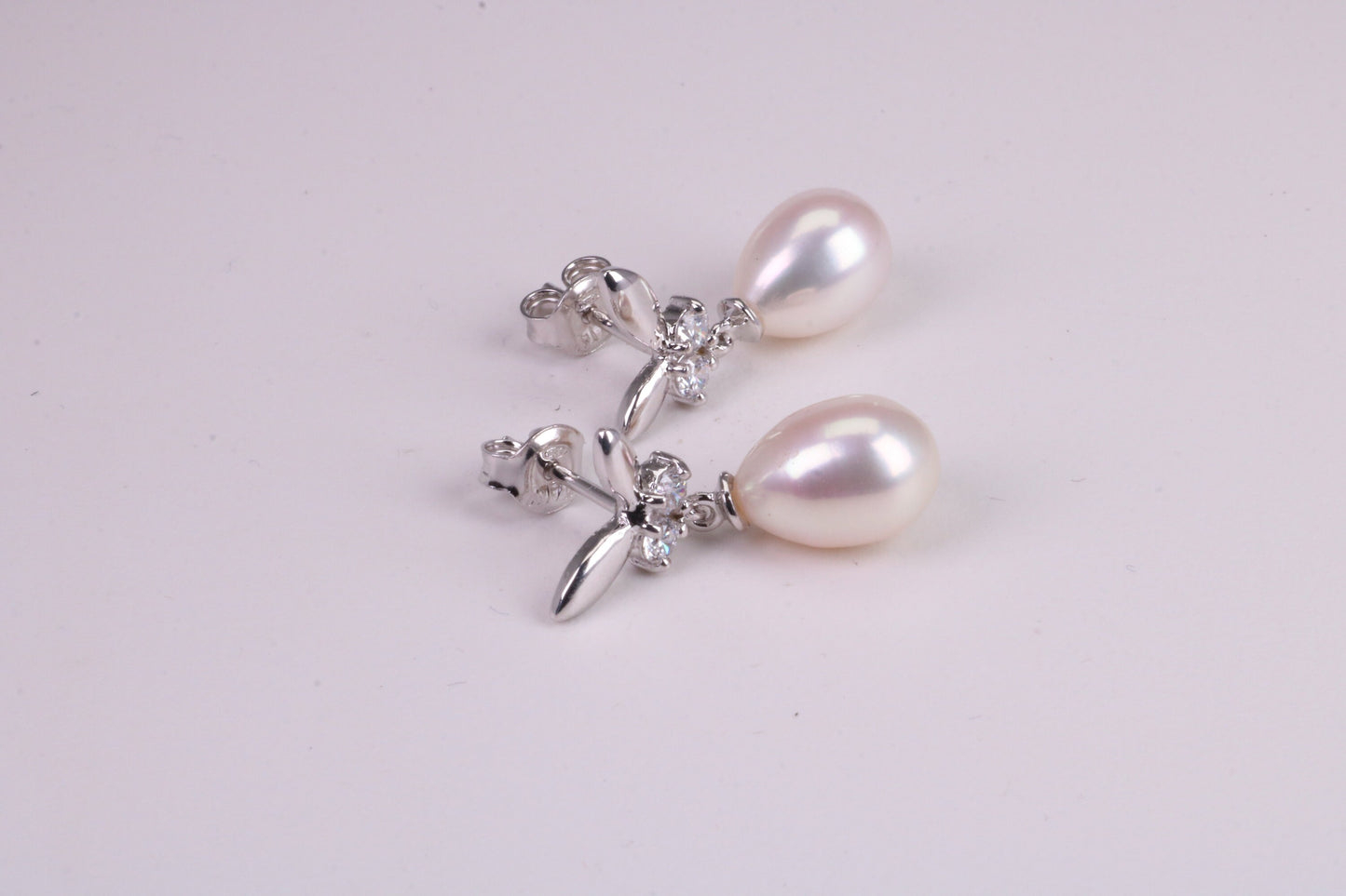 26 mm Long Natural Pearl and Cubic Zirconia set Dropper Earrings, set in Solid Silver