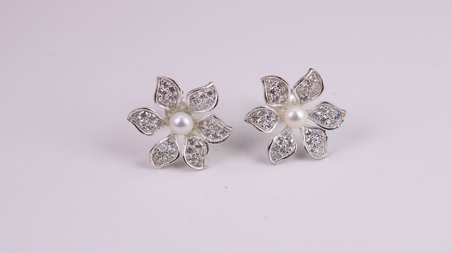 28 mm Round Natural Pearl and Cubic Zirconia set Stud Earrings, set in Solid Silver