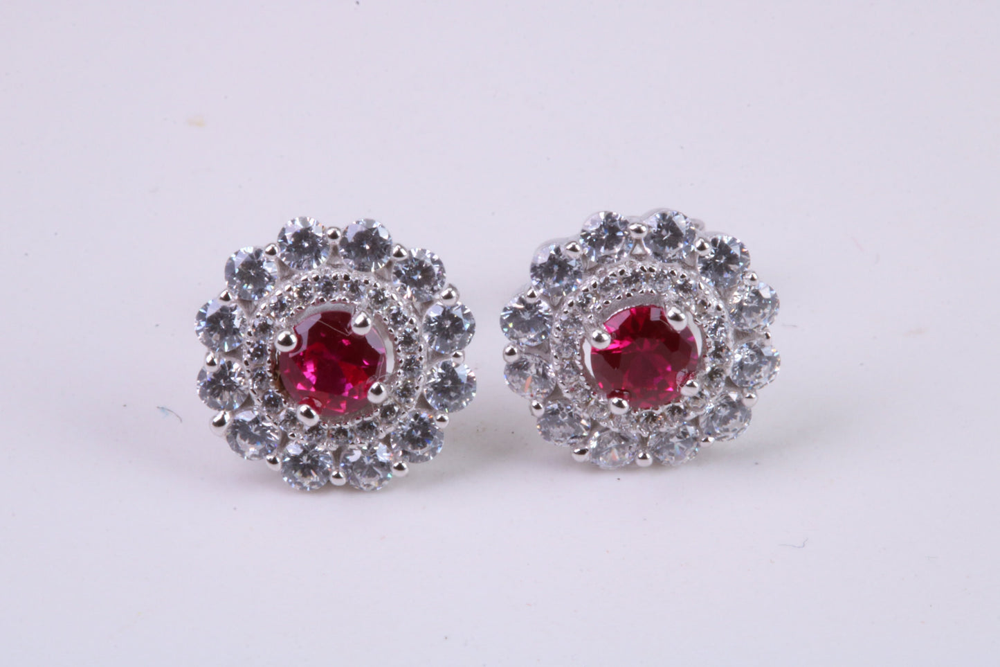 Ruby Red and Diamond White Cubic Zirconia set Stud Earrings, Very Dressy, Made from Solid 925 Grade Sterling Silver