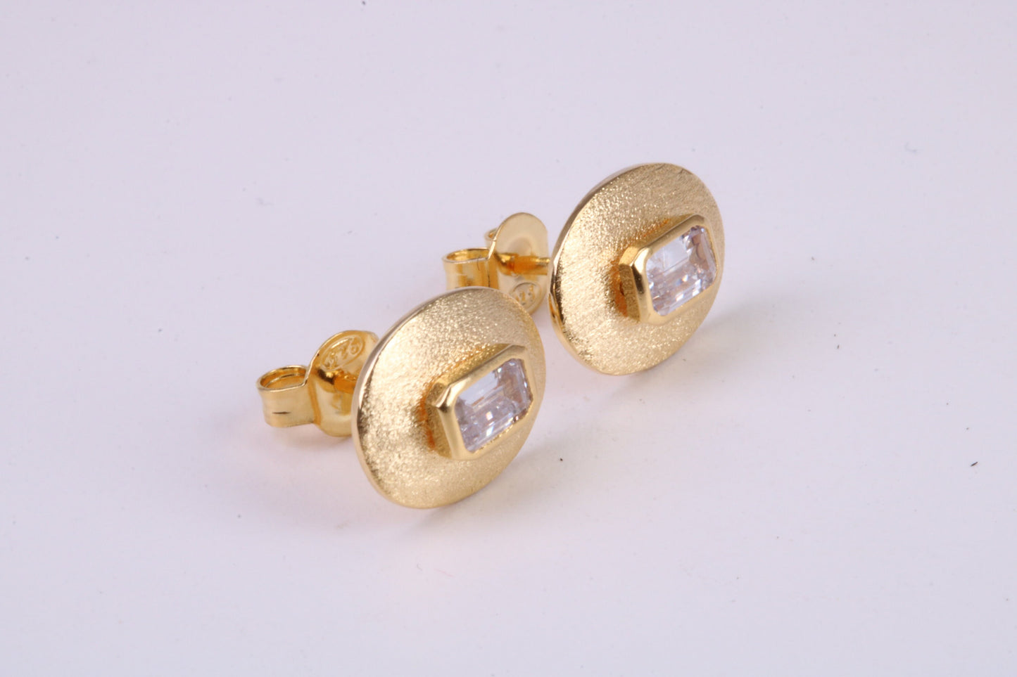 Stud Earrings set with Emerald cut C Z, Very Dressy, Made from Solid 925 Grade Sterling Silver and 18ct Yellow Gold Plated