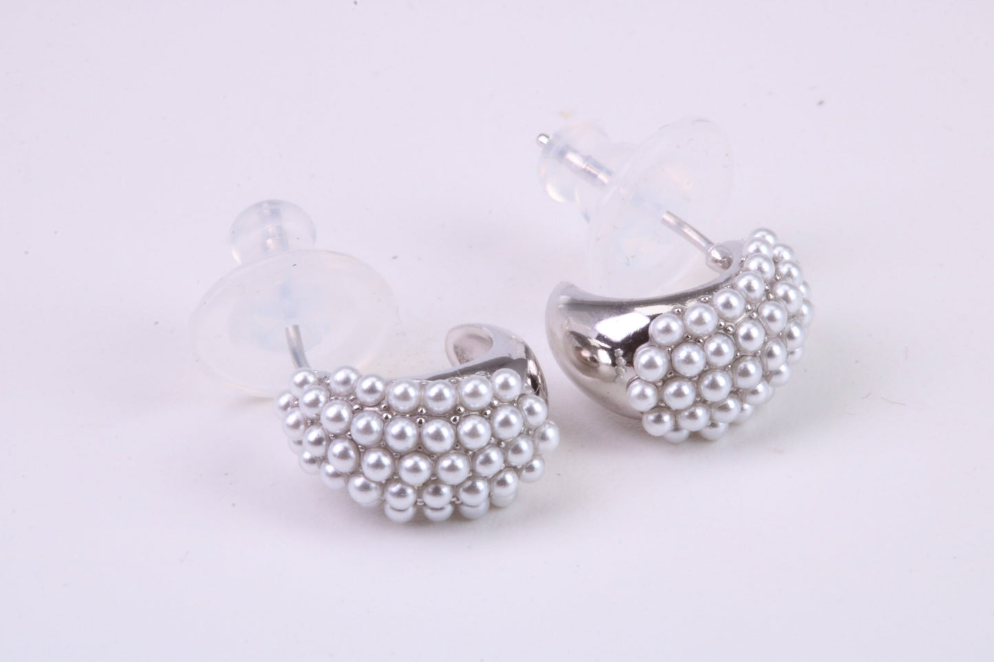 Natural Pearl set Half Hoop Stud Earrings, set in Solid Silver