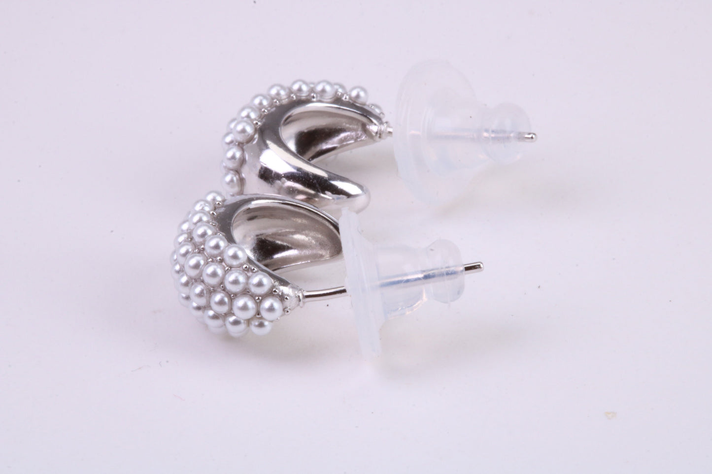 Natural Pearl set Half Hoop Stud Earrings, set in Solid Silver
