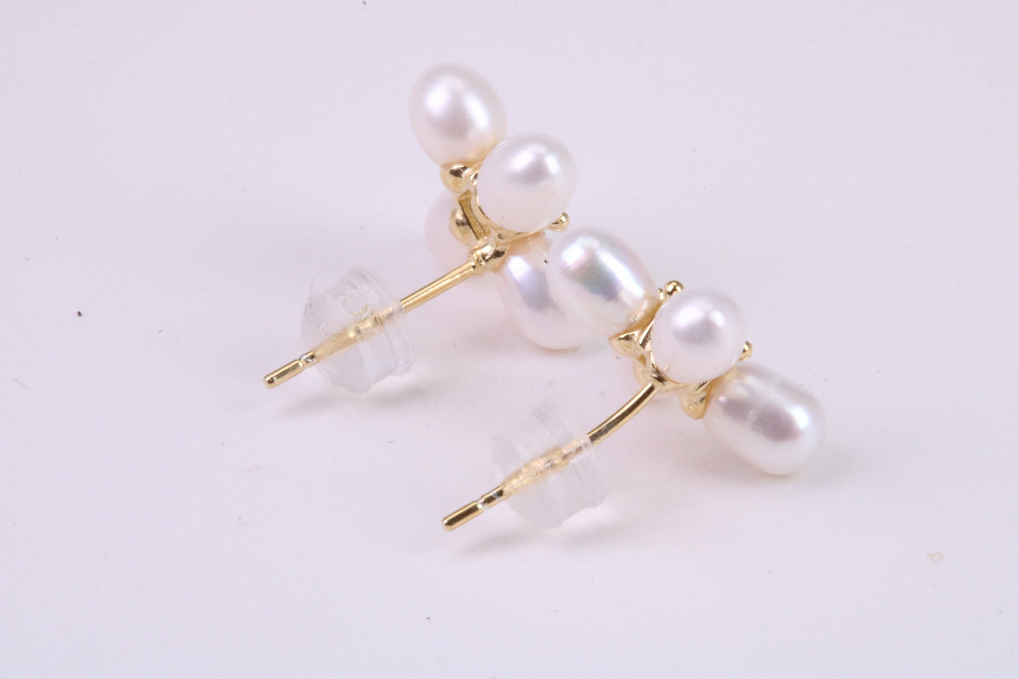Natural Rice Pearl and Cubic Zirconia set Stud Earrings, set in Solid Silver, 18ct Yellow Gold Pated