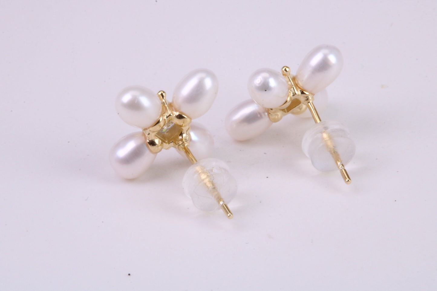 Natural Rice Pearl and Cubic Zirconia set Stud Earrings, set in Solid Silver, 18ct Yellow Gold Pated