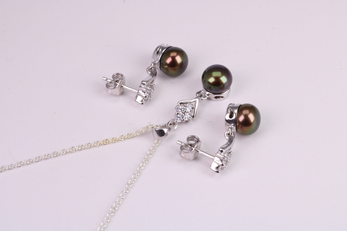 Natural Aubergine Coloured Pearl and Cubic Zirconia set Necklace and Matching Earrings, set in Solid Silver
