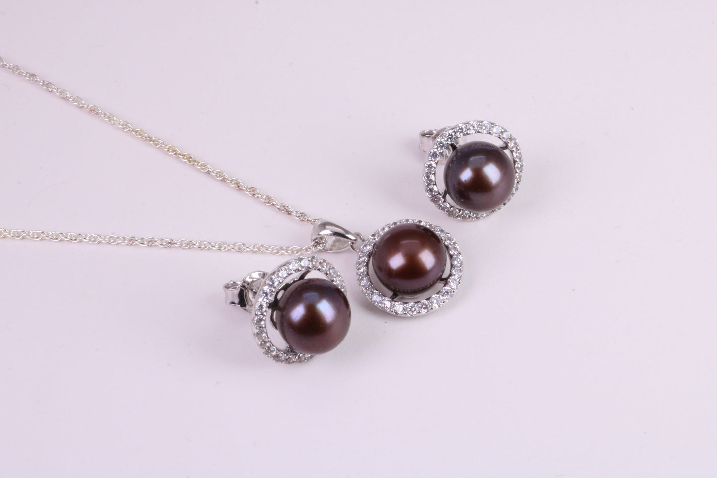 Natural Black Coloured Pearl and Cubic Zirconia set Necklace and Matching Earrings, set in Solid Silver
