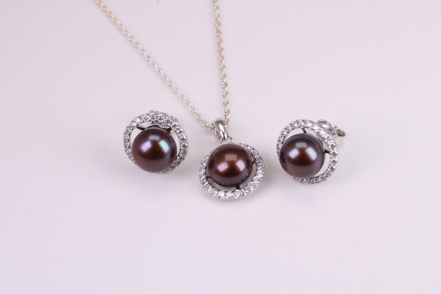 Natural Black Coloured Pearl and Cubic Zirconia set Necklace and Matching Earrings, set in Solid Silver