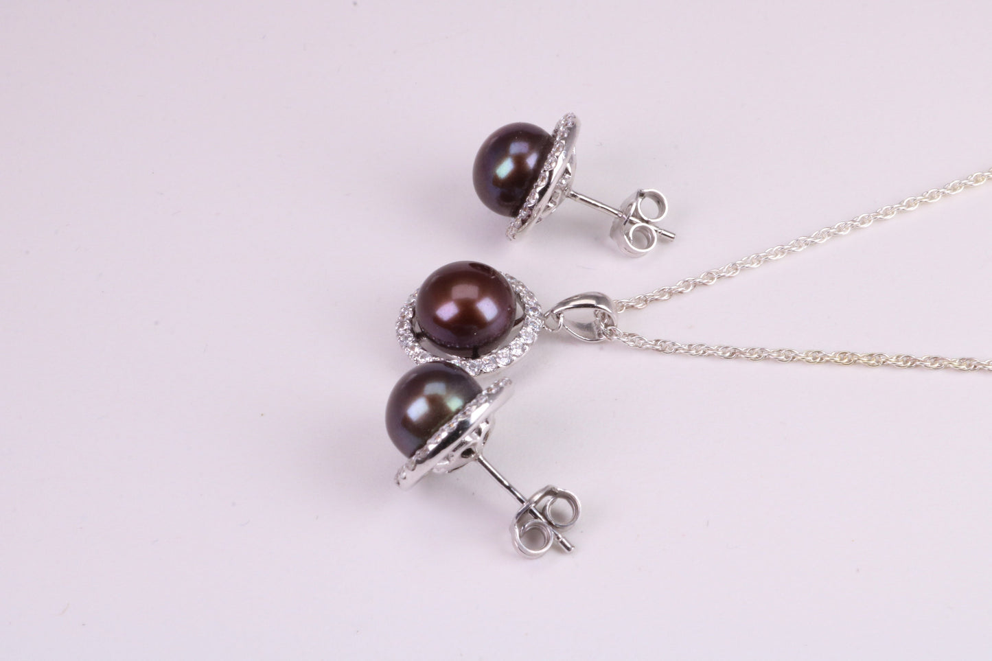 Natural Black Coloured Pearl and Cubic Zirconia set Necklace and Matching Earrings, set in Solid Silver