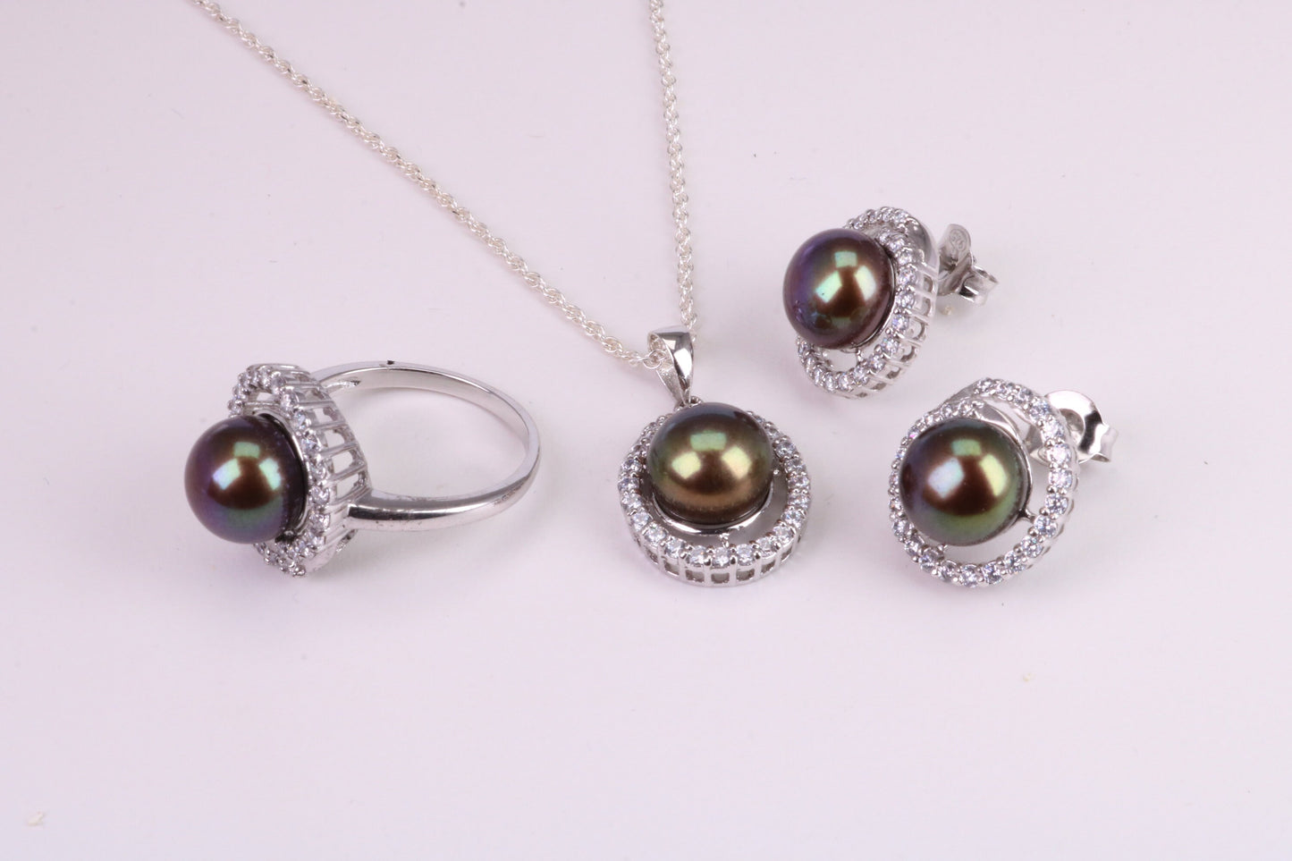 Natural Pearl and Cubic Zirconia set Necklace, Ring and Matching Earrings, set in Solid Silver