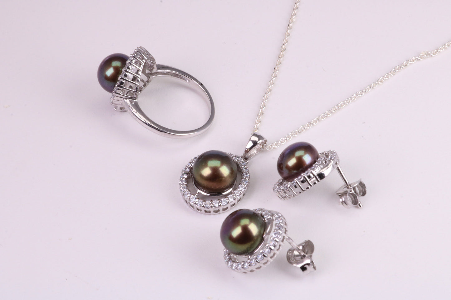 Natural Pearl and Cubic Zirconia set Necklace, Ring and Matching Earrings, set in Solid Silver