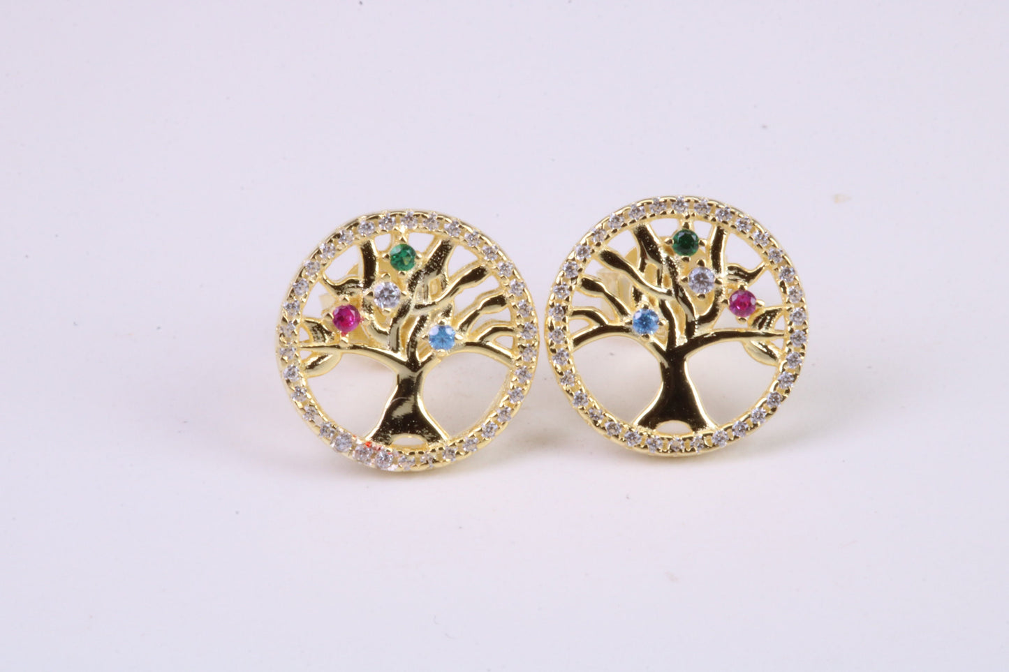 Tree of Life C Z set Stud Earrings, Made from Solid 925 Grade Sterling Silver and 18ct Yellow Gold Plated
