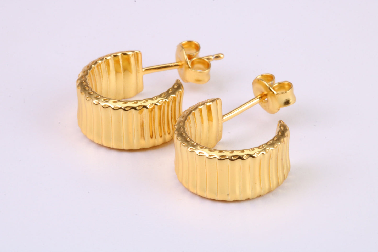 7 mm Wide Diamond cut Half Hoop Earrings, Very Dressy, Made from Solid 925 Grade Sterling Silver and 18ct Yellow Gold Plated