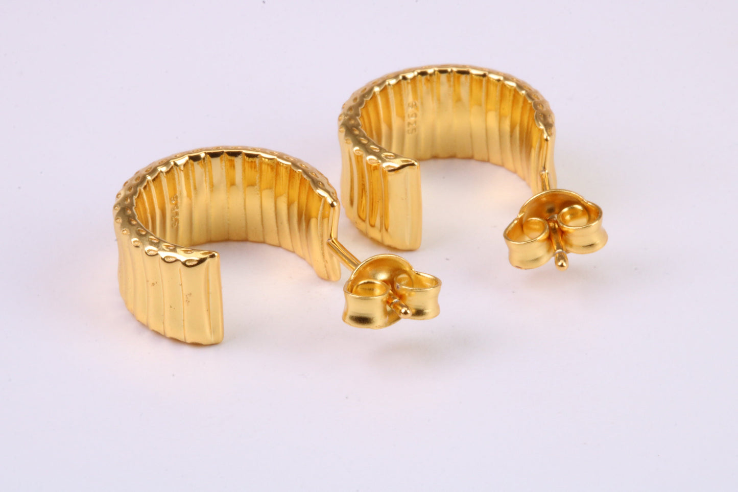 7 mm Wide Diamond cut Half Hoop Earrings, Very Dressy, Made from Solid 925 Grade Sterling Silver and 18ct Yellow Gold Plated