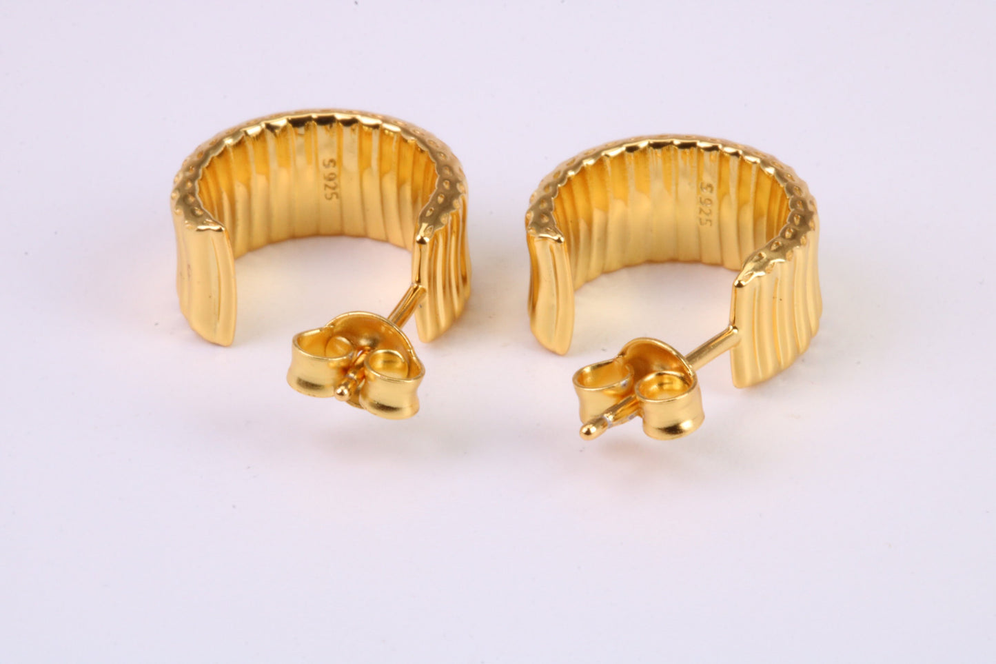 7 mm Wide Diamond cut Half Hoop Earrings, Very Dressy, Made from Solid 925 Grade Sterling Silver and 18ct Yellow Gold Plated
