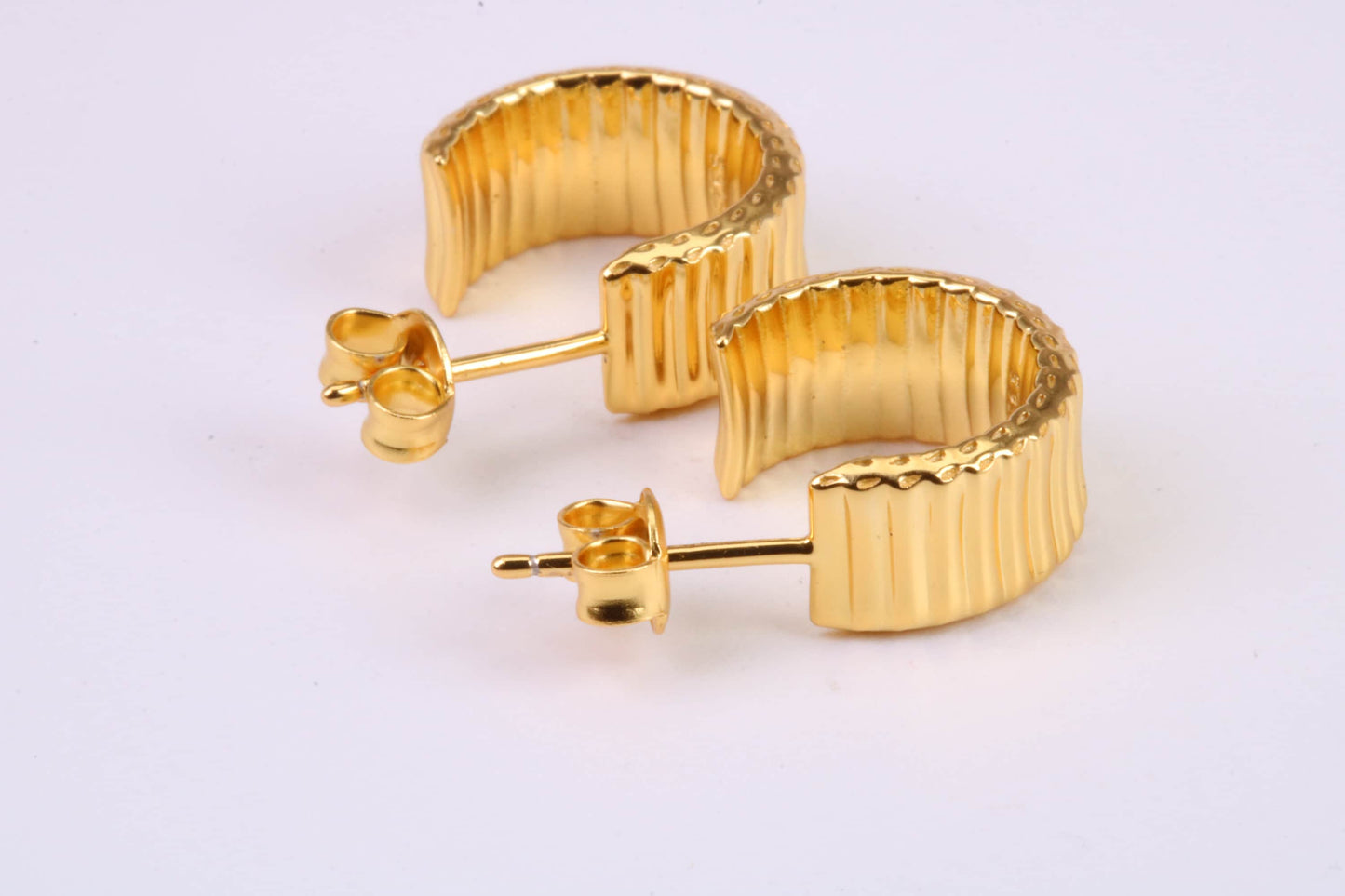 7 mm Wide Diamond cut Half Hoop Earrings, Very Dressy, Made from Solid 925 Grade Sterling Silver and 18ct Yellow Gold Plated