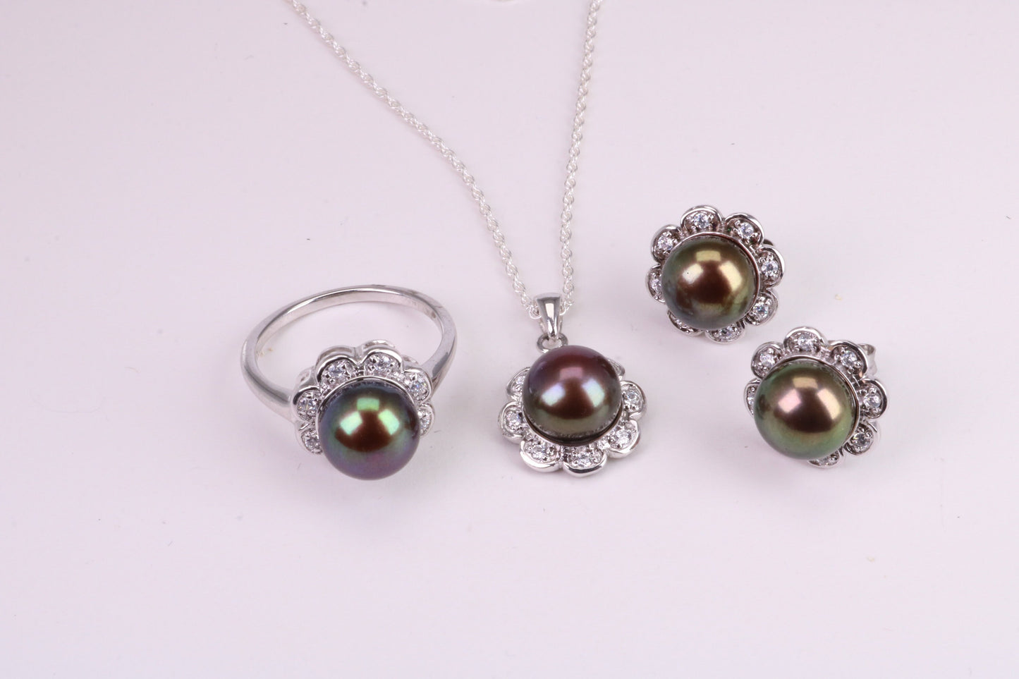 Natural Black Pearl and Cubic Zirconia set Necklace, Ring and Matching Earrings, set in Solid Silver