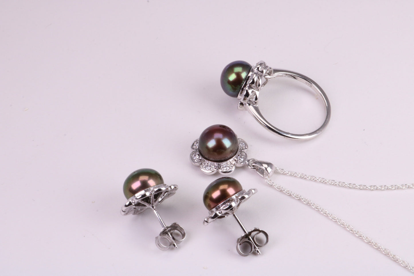 Natural Black Pearl and Cubic Zirconia set Necklace, Ring and Matching Earrings, set in Solid Silver