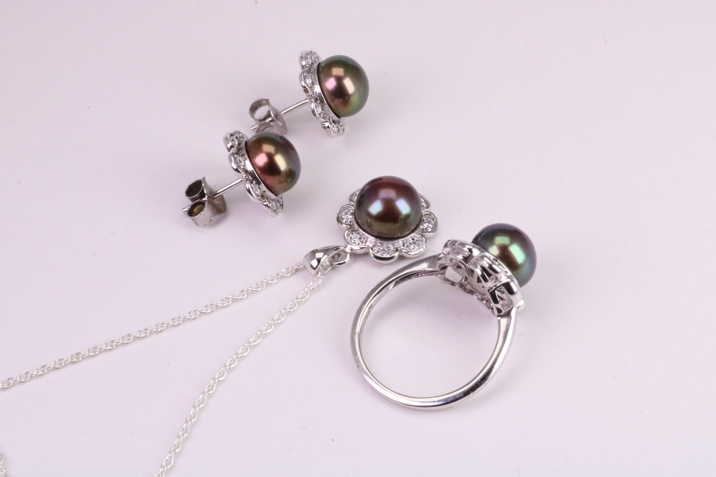 Natural Black Pearl and Cubic Zirconia set Necklace, Ring and Matching Earrings, set in Solid Silver