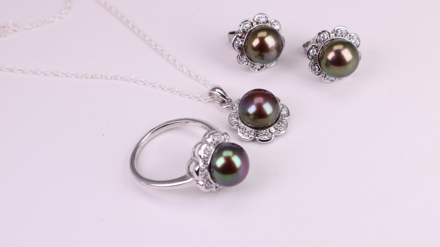 Natural Black Pearl and Cubic Zirconia set Necklace, Ring and Matching Earrings, set in Solid Silver