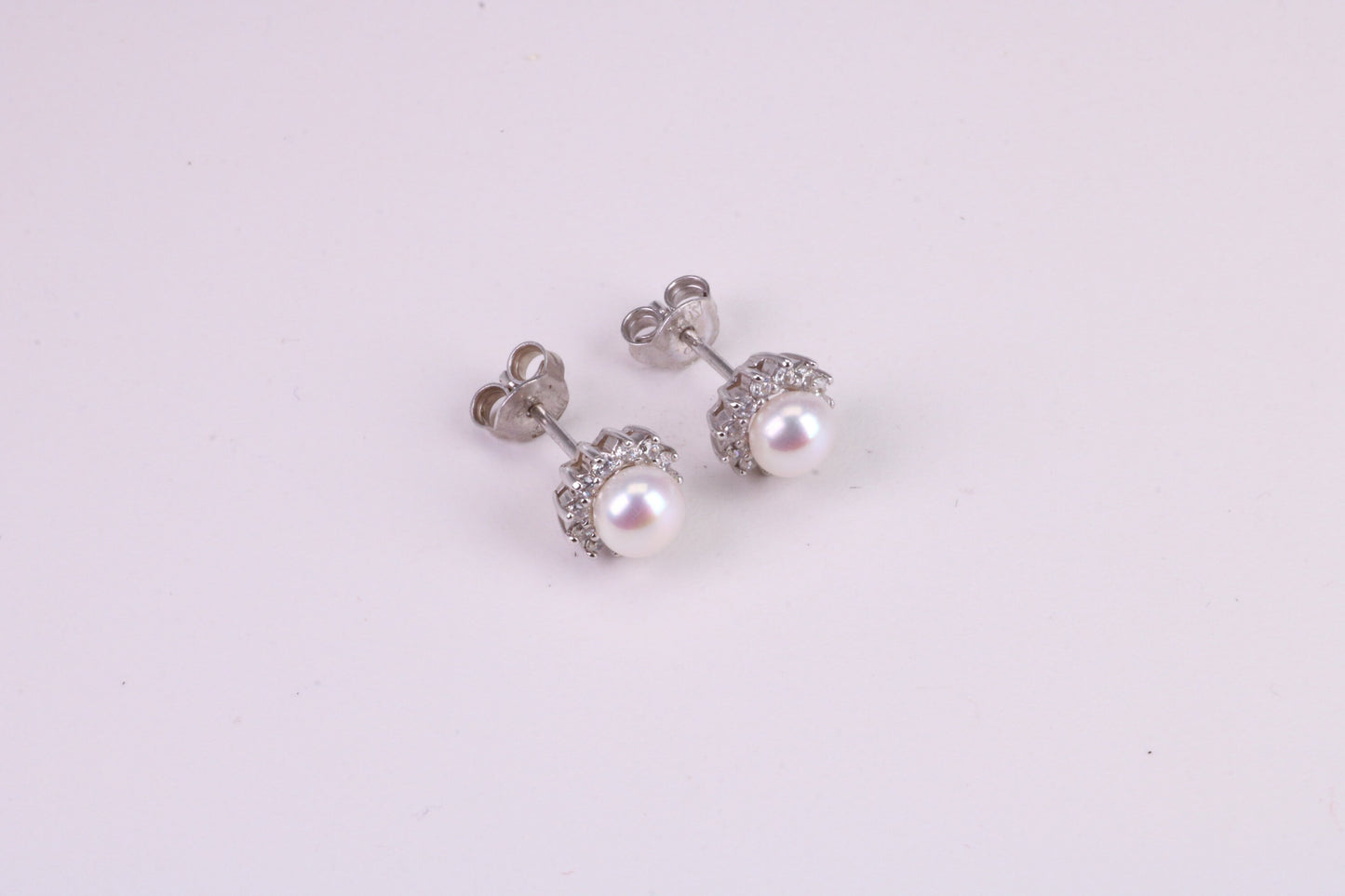 Dainty 8 mm Round Natural Pearl and Cubic Zirconia set Stud Earrings, set in Solid Silver