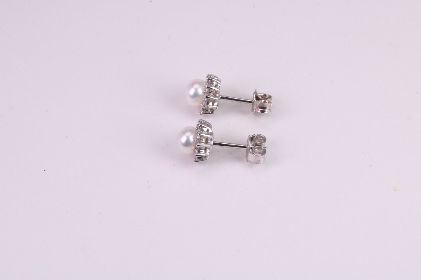 Dainty 8 mm Round Natural Pearl and Cubic Zirconia set Stud Earrings, set in Solid Silver