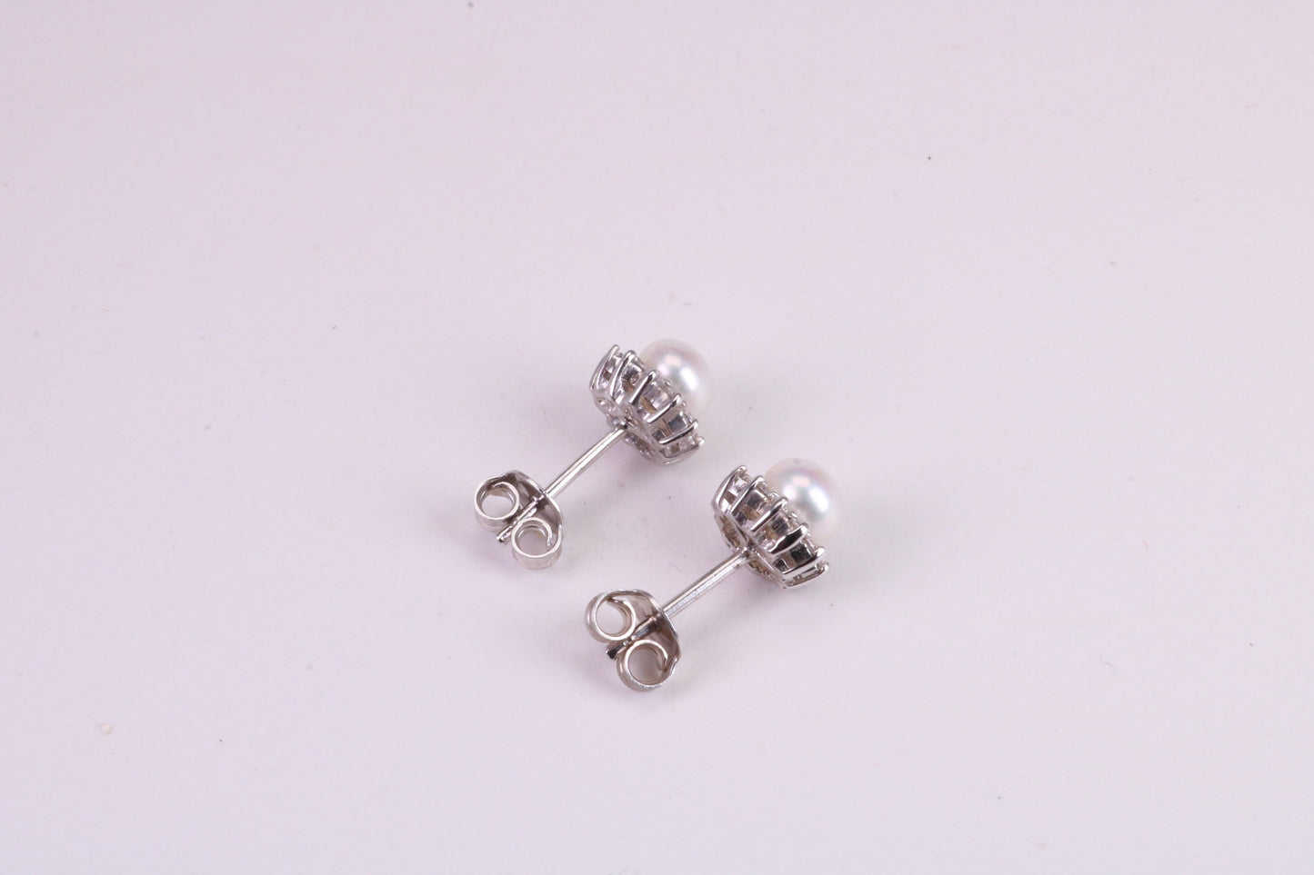 Dainty 8 mm Round Natural Pearl and Cubic Zirconia set Stud Earrings, set in Solid Silver