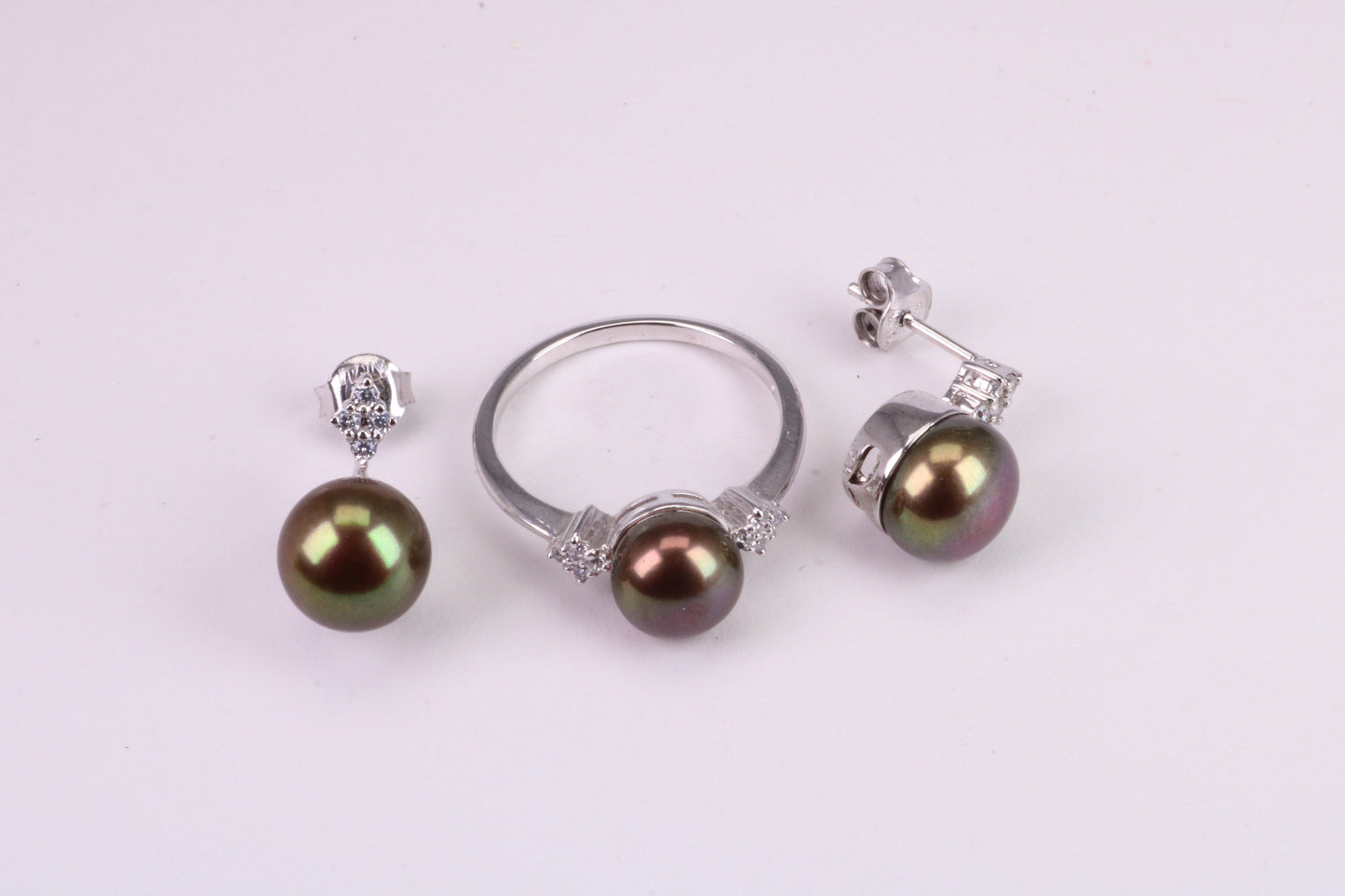 Natural Black Pearl and Cubic Zirconia set Ring and Matching Earrings, set in Solid Silver