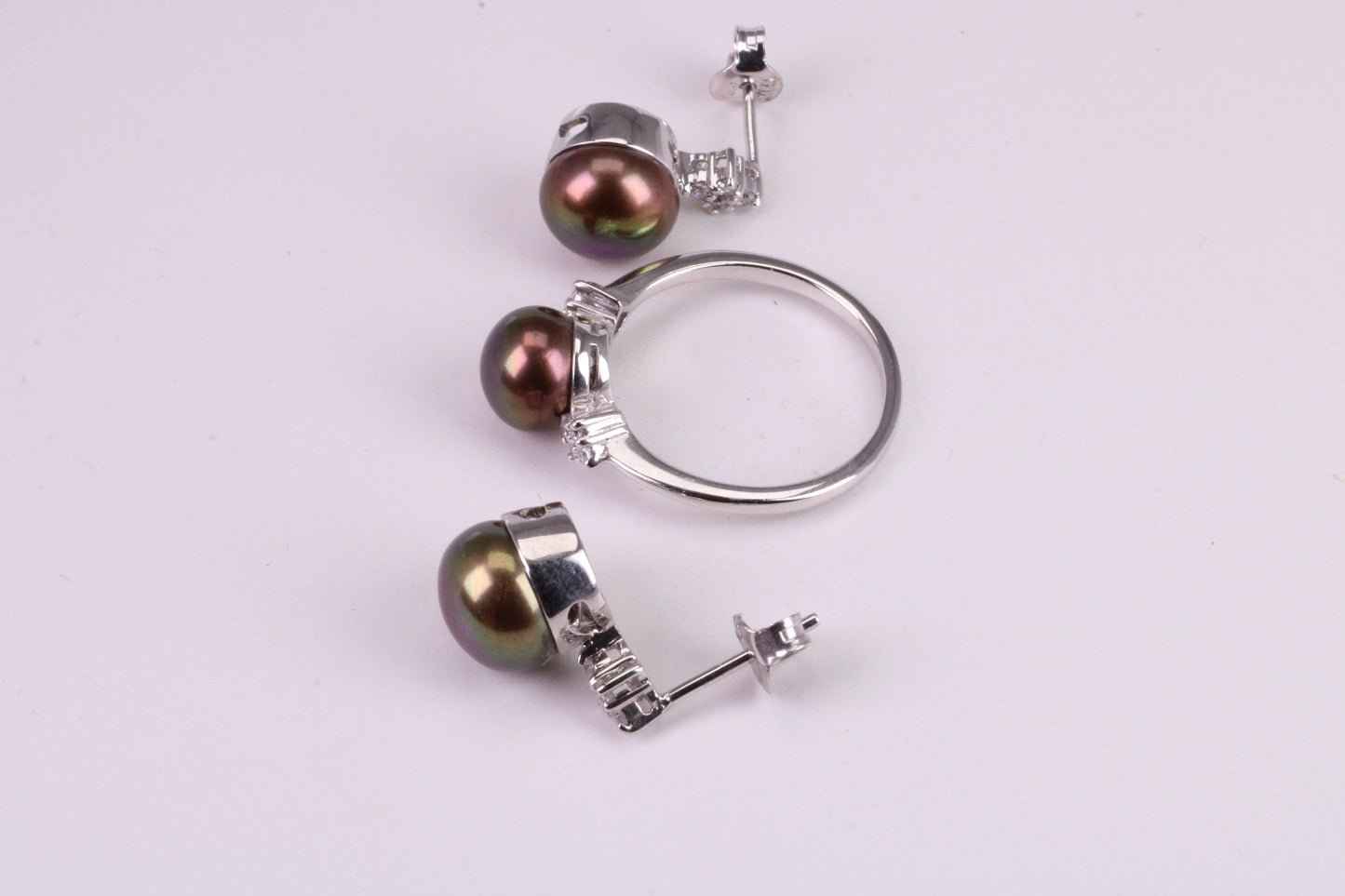 Natural Black Pearl and Cubic Zirconia set Ring and Matching Earrings, set in Solid Silver