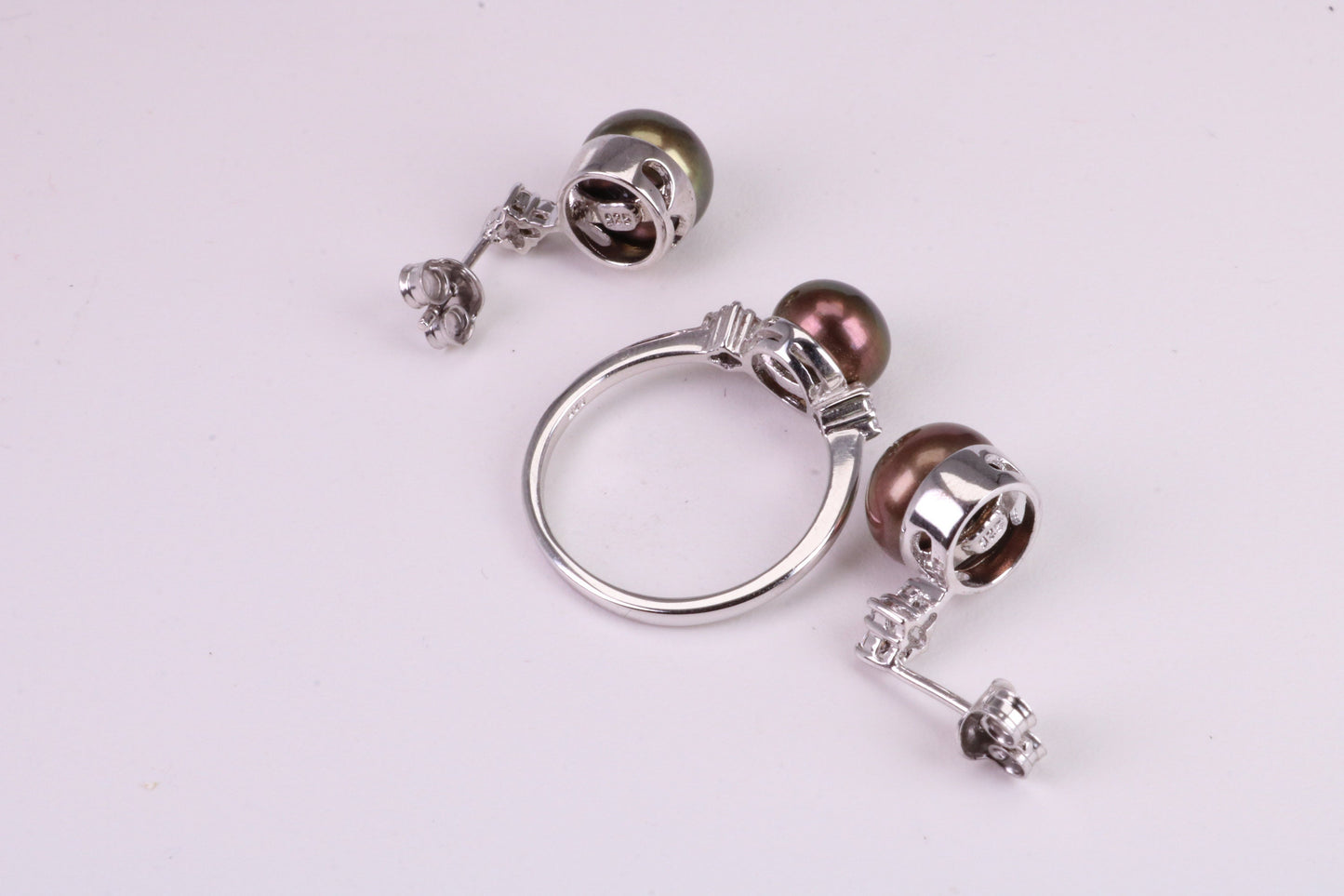 Natural Black Pearl and Cubic Zirconia set Ring and Matching Earrings, set in Solid Silver