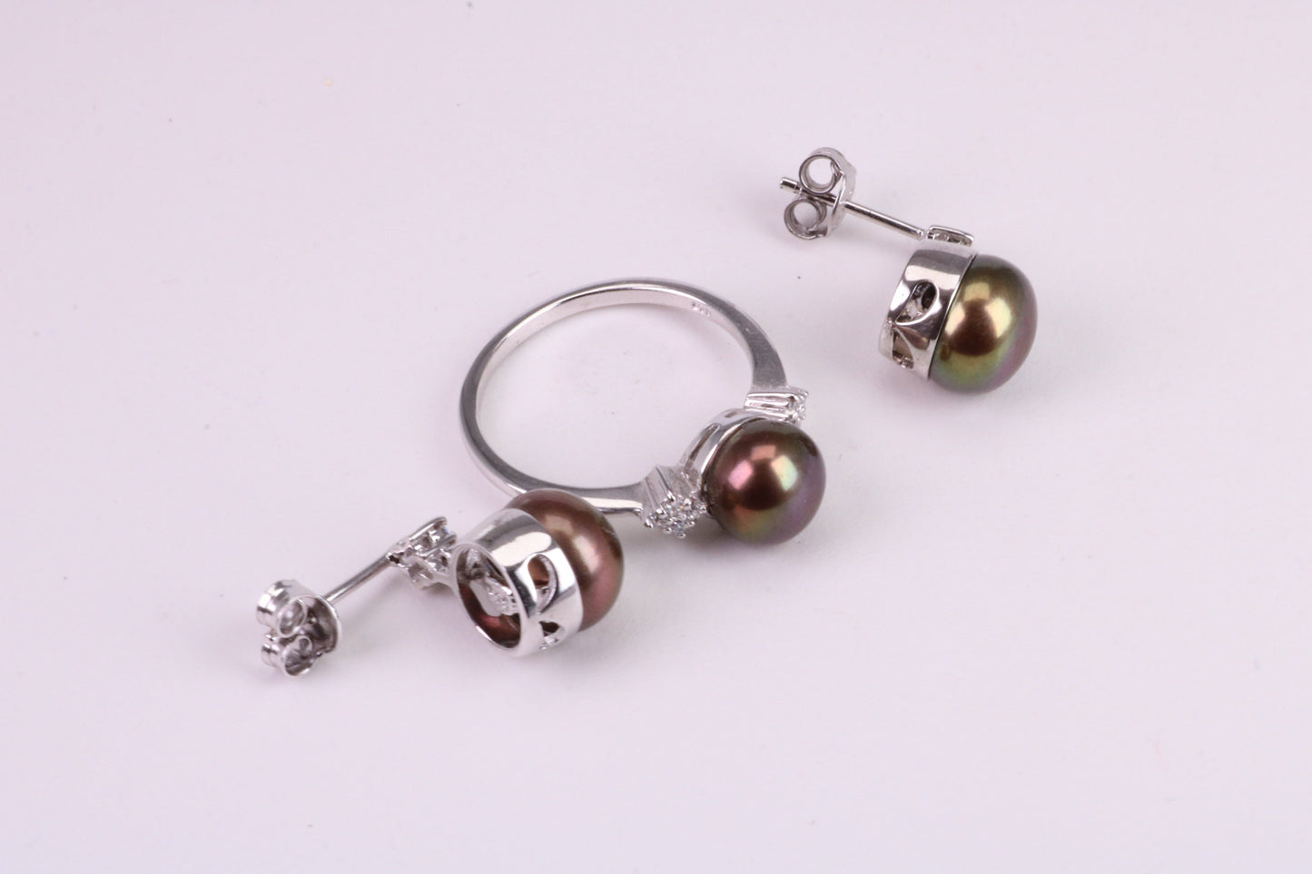 Natural Black Pearl and Cubic Zirconia set Ring and Matching Earrings, set in Solid Silver