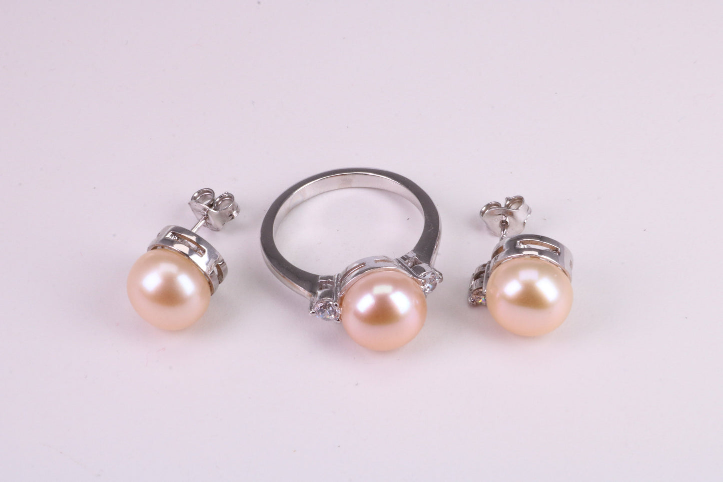 Natural Pearl and Cubic Zirconia set Ring and Matching Earrings, set in Solid Silver