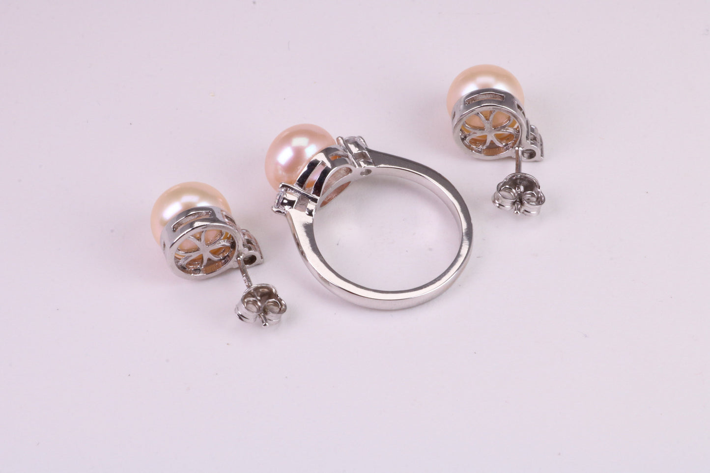 Natural Pearl and Cubic Zirconia set Ring and Matching Earrings, set in Solid Silver